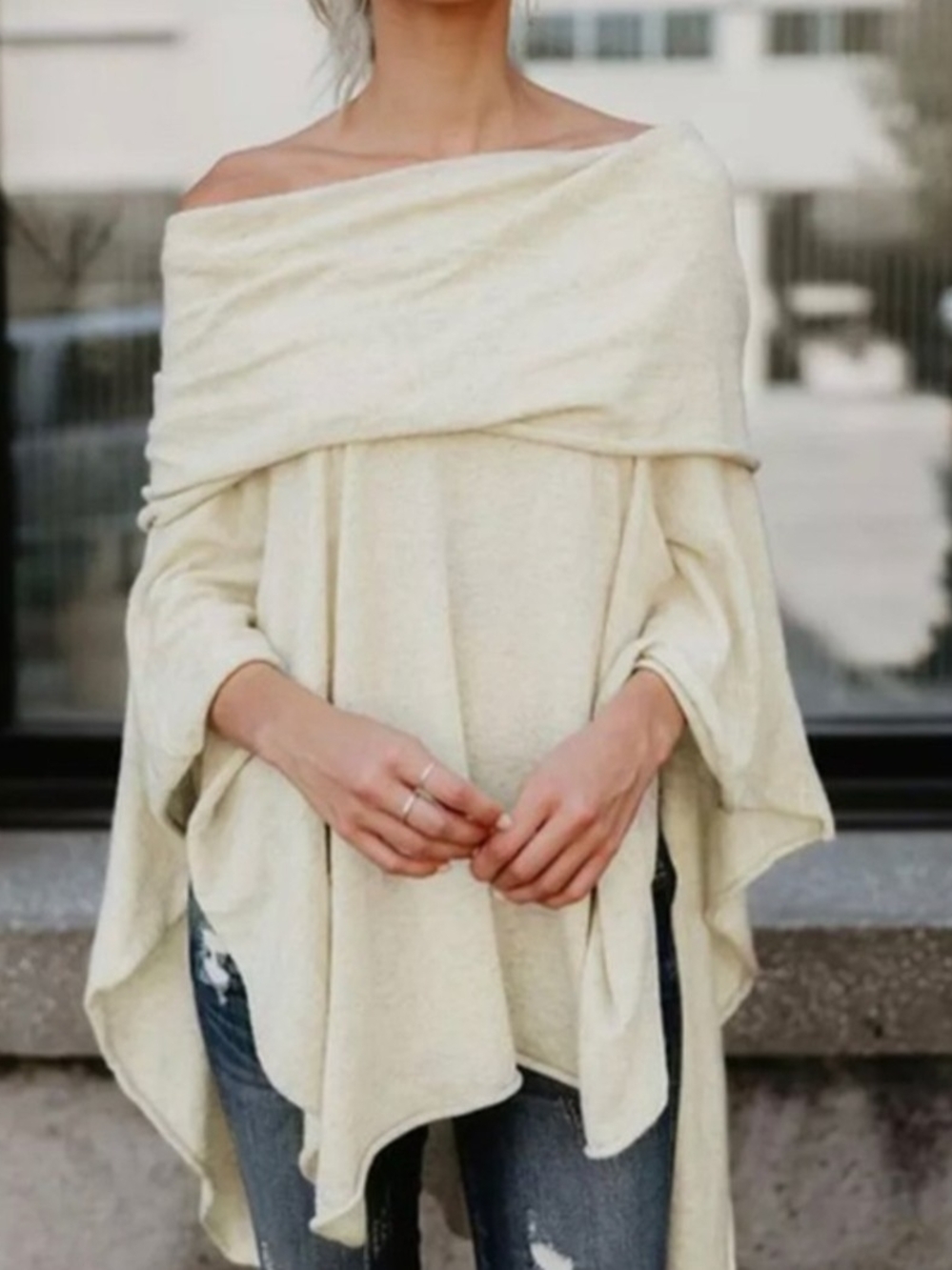 Off-Shoulder Cream Women’s Pullover Light Knit Sweater